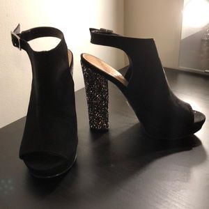 Black and glittery chunky heels